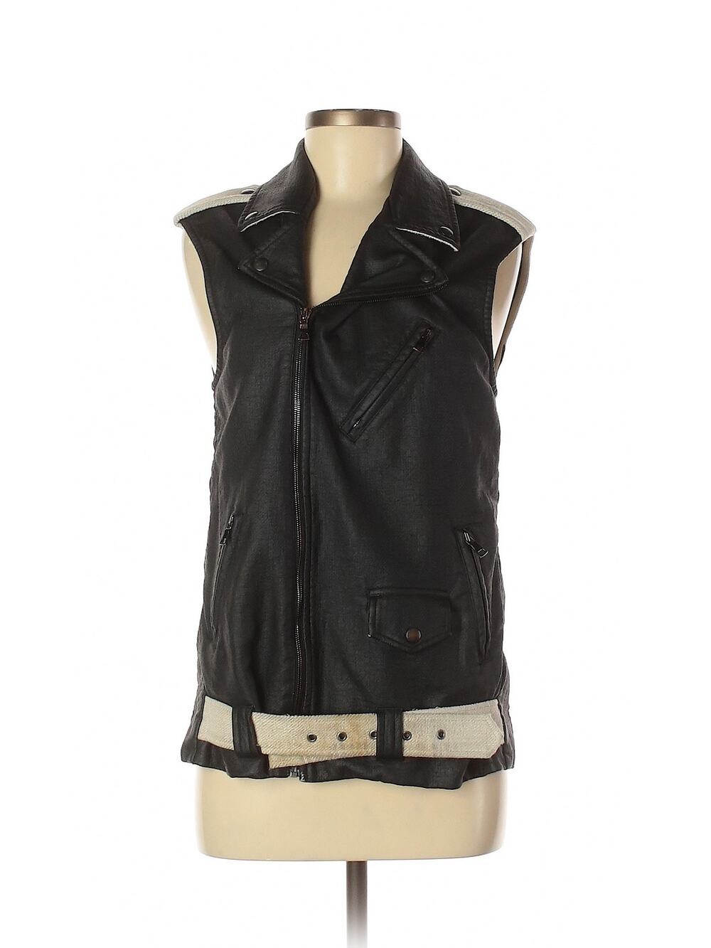 Laveer Contrast Moto Vest Black Faux Leather Belted Medium Biker Grunge